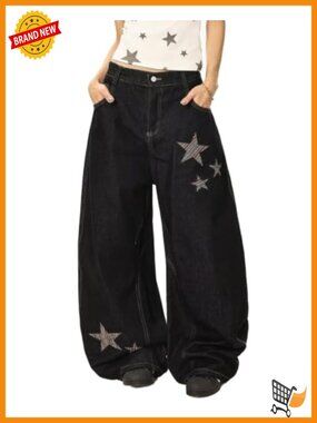 NWT Wide Leg Baggy Barrel Jeans High Waist Star Embroidered Y2K Size Asian